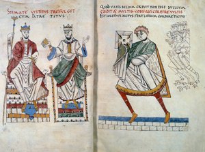 Flavius Josephus (ursprünglich Yossef ben Matityahu), griechischsprachiger jüdischer Historiker (37-100), bietet seine Bücher den Kaisern Titus und Vespasian an. Miniatur aus „De Bello Judaico (Krieg der Juden)“ (Folio 2 und 3) von Unknown artist