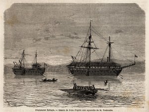 Schwimmende Strafkolonien von Französisch-Guayana, eine Kolonie, die der Gefangenschaft derjenigen gewidmet ist, die die Gerichte übernommen haben und der Männer, die bleiben mussten. Gravur zur Illustration der Reise nach Französisch-Guayana in den Jahren