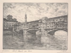 Florenz, Ponte Vecchio mit Turm, wahrscheinlich spätes 19. Jahrhundert (Radierung)