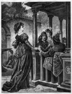 Blumenhändler in den Straßen von Florenz im Mittelalter. Gravur in „Das Illustrierte Universum“ von Unknown artist