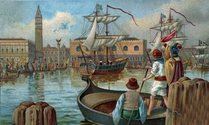 Ehemalige Einkaufszentren: Rückkehr einer venezianischen Flotte nach Venedig im 19. Jahrhundert. Chromolithographie des späten 19. Jahrhunderts von Unknown artist