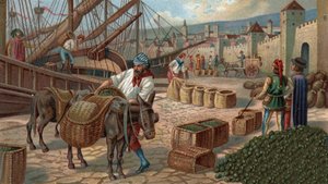 Ehemalige Einkaufszentren: Transport von Feigen nach Marseille im Mittelalter. Chromolithographie des späten 19. Jahrhunderts. von Unknown artist