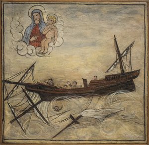Ehemaliges Votivbild (ex voto) eines Seemanns, beliebtes Opfer als Zeichen der Hingabe und Dankbarkeit des Seemanns, der die Gefahren des Meeres überlebt hat, aus der Kirche von Carmine, Torre del Greco, in der Nähe von Neapel von Unknown artist