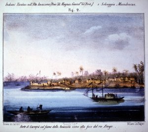 Festung von Gurupá am Amazonas, nahe der Mündung des Rio Xingu in Ecuador. Gravur von 1846 - 1848