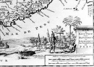 Francisco Pizarro (in fr. Francois Pizarre) dargestellt auf einer Karte von Peru. 17. Jahrhundert