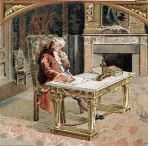 Francois-Marie Arouet de Voltaire genannt Voltaire (1694-1778), im Alter von 23 Jahren im Schloss von Sully-sur-Loire. Chromolithographie aus dem späten 19. Jahrhundert
