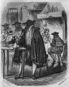Francois Ravaillac (1578-1610), Mörder von König Heinrich IV., flieht in einem Gasthaus mit dem Messer, mit dem er Heinrich IV. treffen muss - Gravur des 19. Jahrhunderts