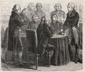 Französische Revolution: Graf Louis Marie de Narbonne-Lara zeigt seine Pläne in den Ausschüssen der Versammlung - Gravur in „The Illustrous World“