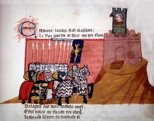 Französische Ritter vor einer Burg. Manuskript aus dem 13. Jahrhundert von Unknown artist