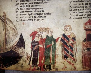 Französischer Kaufmann in Venedig. Miniatur aus dem „Roman de Troy“ von Benoit de Saint Maure. 14. Jahrhundert Biblioteca Marciana, Venedig von Unknown artist
