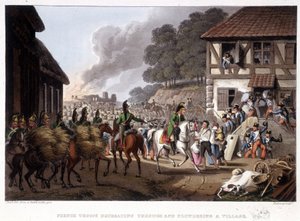 Französische Truppen auf dem Rückzug und Plünderung eines Dorfes - in „Historische, Militärische und Marine-Anekdoten...“ von Edward Orne. von Unknown artist