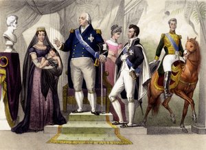 Von 1814 bis 1830. Der Herzog und die Herzogin von Berry, Louis XVIII., der Herzog von Bordeaux, die Herzogin von Angoulême und Charles X. Gravur des 19. Jahrhunderts. von Unknown artist