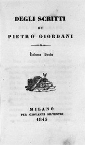 Frontispiz von „Degli scritti“ (Schriften) von dem italienischen Schriftsteller Pietro Giordani (1774-1848) 1845