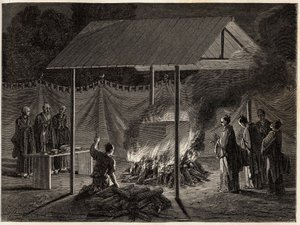 Beerdigungszeremonien: rituelle Einäscherung. Illustration der Reise nach Japan, 1863-1864, von Aime Humbert, Minister der Schweizerischen Eidgenossenschaft, in 