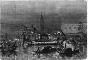 Beerdigung von Daniele Manin (1804-1857), der am Risorgimento teilnahm, in Venedig: die Leichengondel, die die Asche zur Kirche St. Zacharias trägt, fährt am Königspalast vorbei. Gravur in „Das Illustrierte Universum“. von Unknown artist