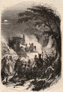 Begräbnis eines germanischen Häuptlings in der Antike: Sein Körper wird mit seinen Waffen und seinem Pferd verbrannt. Gravur von 1868 in „Histoire de Belgique von den frühesten Zeiten bis zum Ende der Herrschaft von Leopold I.“ von Théodore Juste. Private 