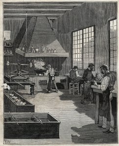 Galvanische Goldschmiedekunst: Vorbereitung der Formen. Gravur von 1885 in „Les arts et métiers illustrés“ von Adolphe Bitard. von Unknown artist