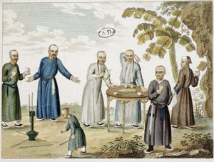 Spiele und Männer trinken Tee in China - s.d, grav. von Unknown artist