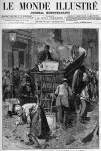 Mülltonne, der neue Lastwagen in der Rue du Cherche Midi (Cherche-Midi) in Paris. Männer und Frauen sammeln Abfall auf einer Straße in Paris, um ihn in einen Wagen zu werfen und so das Leben zu reinigen. Gravur in „Le Monde Illustré“ von Unknown artist