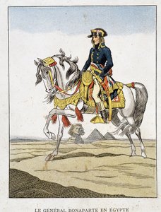 General Bonaparte in Ägypten, ein Porträt vor den Pyramiden und der Sphinx reitend.