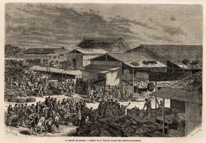 Gesamtansicht des Fischmarktes, mit dem Hafen der Warenbarken, den Hütten und den Präsentationsständen der Produkte und der Bühne für den Verkauf an die Auktionshäuser, mit der lebhaften Animation, die den Ort vereint: Träger, Verkäufer und m