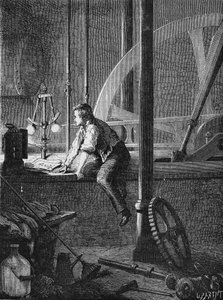 Georges Stephenson, ein Lokomotivführer in Newcastle, zerlegt und repariert seine Dampfmaschine. In „Album de la Science“, Éditions Jouvet