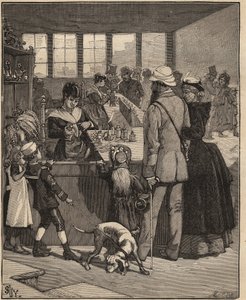 Glaskunst: Touristen kaufen eine Perle, die in einer Glasfabrik in Venedig, Italien, geblasen wurde. Gravur von 1885 in „Les arts et métiers illustrés“ von Adolphe Bitard. von Unknown artist