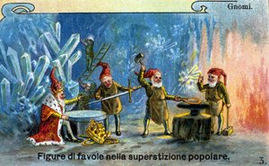 Gnome, Figuren aus Fabeln in der Volkstradition. Chromolithographie von Unknown artist