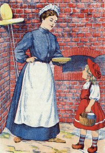 Geh, bring diesen Kuchen und diesen Topf Butter zu deiner Großmutter. Anonyme Illustration für „Rotkäppchen“, Märchen von Charles Perrault (1628-1703), französischer Schriftsteller. Bildmaterial Marcel Vagne, Jarville Nancy, undatiert (spätes 19. Jahrhunde von Unknown artist