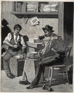 Goldschläger. Gravur von 1885 in „Les arts et métiers illustrés“ von Adolphe Bitard.