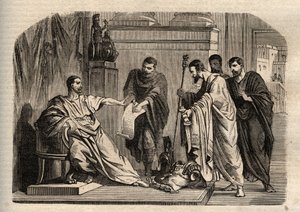 Gordian I (158-238) lehnt die kaiserliche Würde ab - Gordian I (Marcus Antonius Gordianus Sempronianus Romanus Africanus) lehnte die kaiserliche Würde ab - Gravur in „Dictionnaire populaire illustré“ - 1864 - von Joseph Decembre und Edmond Allonier