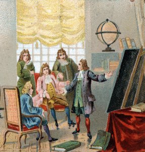 Gottfried Wilhelm Leibniz (1646-1716), deutscher Philosoph und Mathematiker; demonstriert seine Theorien zur Differentialrechnung. Chromolithographie, späte 19. Jahrhundert.