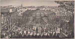Großes Bankett von Tamerlan (1336-1405) in der Ebene von Khani Gheul zur Feier der Hochzeit seiner Enkelkinder - Gravur aus dem 19. Jahrhundert. von Unknown artist