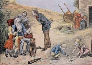 Großvater erklärt den Kindern den Katechismus. In „Großes Album in Farbe zur Erklärung des Katechismus“ von Abbé Maucherde von Unknown artist