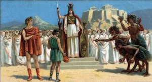 Große griechische Tragödien: „Die Orestie“ von Aischylos. Orestes erschien vor dem Areopag oder Obersten Gerichtshof von Athen, geleitet von der Göttin Pallas Athene oder Minerva, unterstützt von Apollo. Rechts sind die Eumeniden (die drei Furien).