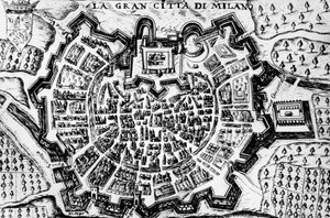 Große Stadt Mailand, Gravur der Karte von Mailand