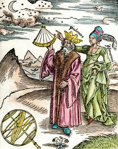 Griechischer Astronom Claudius Ptolemäus mit Sextant und Astronomie. Gravur von 1503