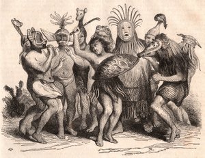 Gruppe brasilianischer Wilder tanzt mit Kostümen, Masken und traditionellen Kopfbedeckungen von Unknown
