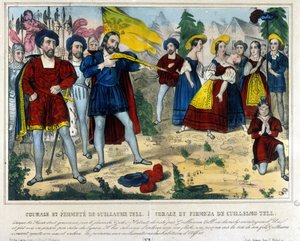Guillaume Tell (legendärer Held der Schweizer Unabhängigkeit). Der Barbar Gesler zwingt Guillaume Tell, mit einem Pfeil einen Apfel vom Kopf seines Kindes zu schießen. 19. Jahrhundert Gravur
