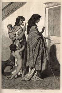 Zigeunerfrauen und -kinder, in Lumpen oder halb nackt, die von Tür zu Tür Almosen in Essek (Donau-Becken) erbitten. Gravur zur Illustration der Reiseerinnerungen unter den südlichen Slawen, von Georges Perrot, 1868, veröffentlicht in „Le tour du monde“ 187