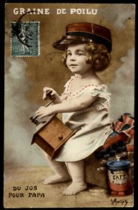 Haariger Samen - Saft für Papa: ein Kind formt Kaffee, Postkarte, sd. Anfang des 20. Jahrhunderts. von Unknown Artist