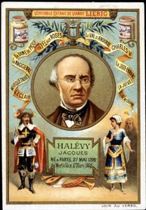 Halevy genannt Jacques Fromental Levy, französischer Komponist (1799-1862) im Rahmen der Werbung für ein Liebig-Produkt. 19. Jahrhundert