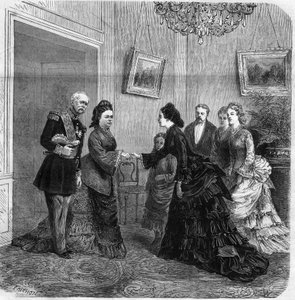 Handschlag zwischen Elisabeth de Mac Mahon (1834-1900) und der österreichischen Kaiserin Elisabeth de Wittelsbach (1837-1898) (Sissi) während des Besuchs des Präsidenten der Französischen Republik Patrice de Mac-Mahon (1808-1893) in Österreich. 1875. Gravu von Unknown artist