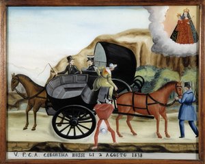 Hängend zwischen zwei Karren und der Sturz eines Passagiers - Glasmalerei, Ex-voto von Notre Dame de Laghet