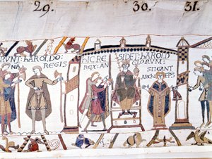 Harold II. (1022 - 1066) wurde nach dem Tod von Eduard dem Bekenner im Jahr 1066 zum König ausgerufen, starb aber bald in der Schlacht von Hastings. Bayeux-Tapete oder Stickerei von Königin Mathilde von Unknown artist