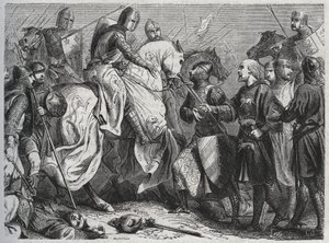 Heinrich III. wird von Simon V. von Montfort in Lewes in Sussex 1264 gefangen genommen - Gravur 1864. von Unknown artist