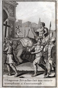 Heraklius I. (Flavius Heraklius, Herakleios (ca. 575-610/641), byzantinischer Kaiser, machte einen triumphalen Einzug in Konstantinopel. Er bestieg einen von vier Elefanten gezogenen Wagen und brachte das Wahre Kreuz (Heiliges Kreuz) mit, das ihm abgenomme von Unknown artist
