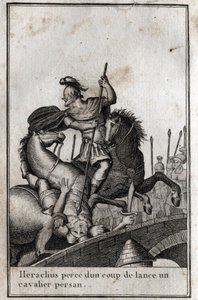 Heraklius I. (ca. 575-610/641), byzantinischer Kaiser, spießt einen persischen Reiter auf (Krieg gegen die Perser), 7. Jahrhundert. Gravur in „Beaute de l