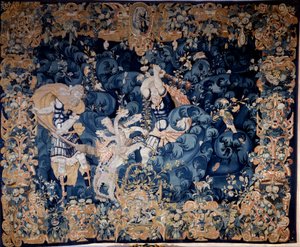 Herkules erschießt die Hydra von Lerna, die seinen Diener Iolas verbrennt. Wandteppich aus Wolle und Seide, anonym, spätes 16. Jahrhundert. Renaissance Nationalmuseum von Unknown artist