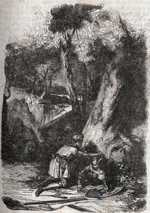 Hermonides wird von Zerbin umgestürzt und gerettet - Gravur von 1851 aus „Roland der Rasende“ (Orlando furioso) (16. Jahrhundert) von Ludovico Ariosto, bekannt als der Ariosta - Ausgabe, übersetzt aus dem Italienischen von Graf von Tressan und veröffentlic